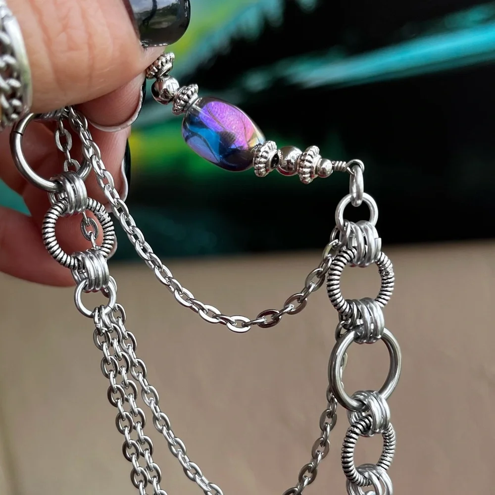 Handmade maille choker necklace blue purple aura crystal stainless steel chain - Picture 2 of 14